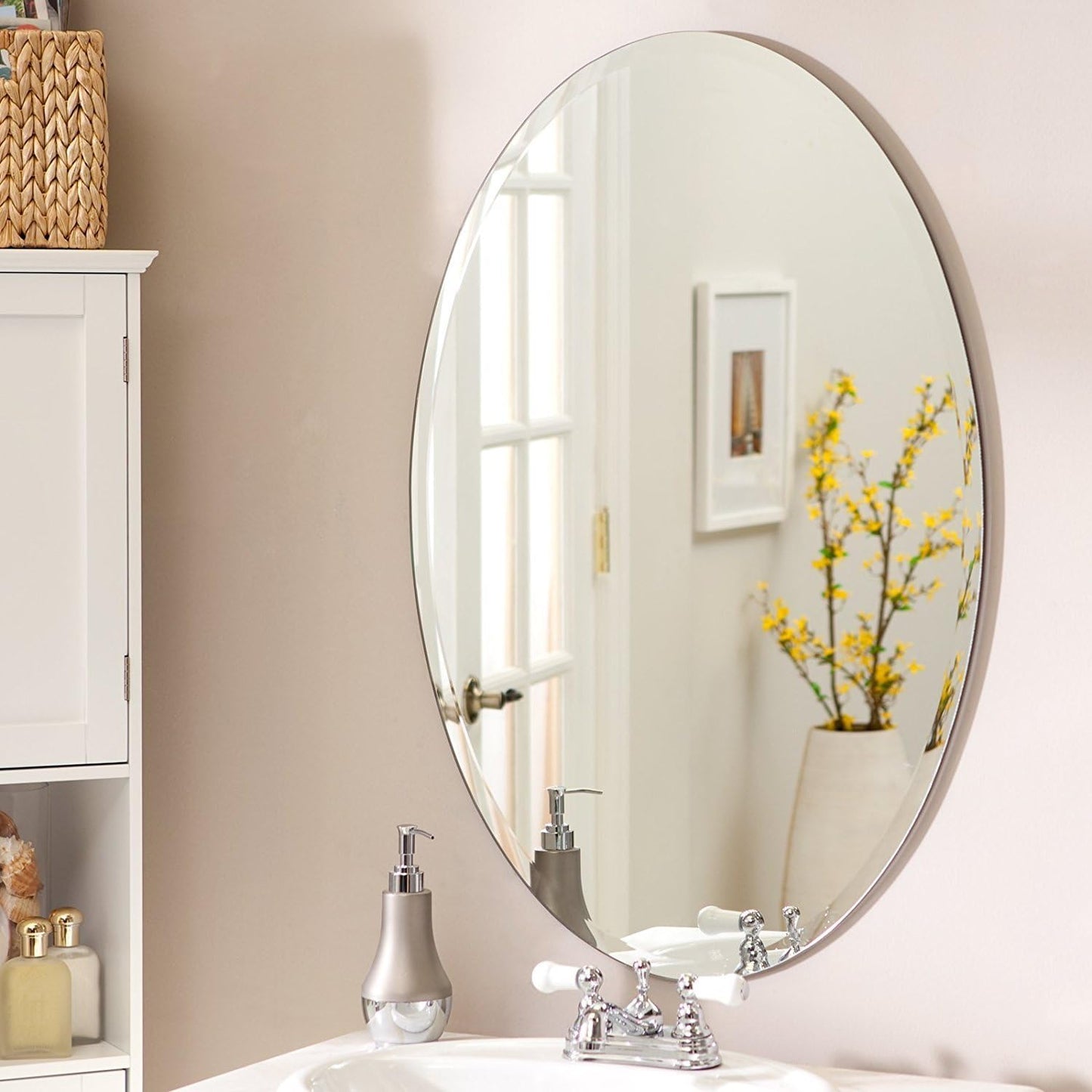 Oval Frameless Bathroom Mirror Beveled Edges Silver 18 x 24 Inch