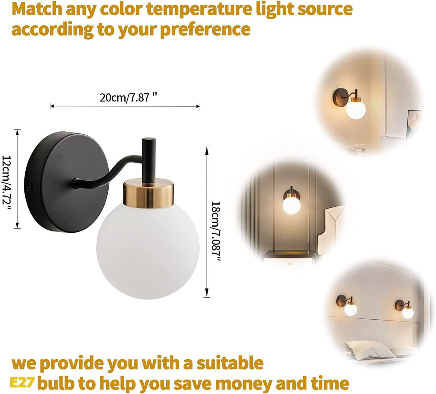 Wall Light Modern Decorative Gold Metal with Glass Shade E27 Holder 30cm