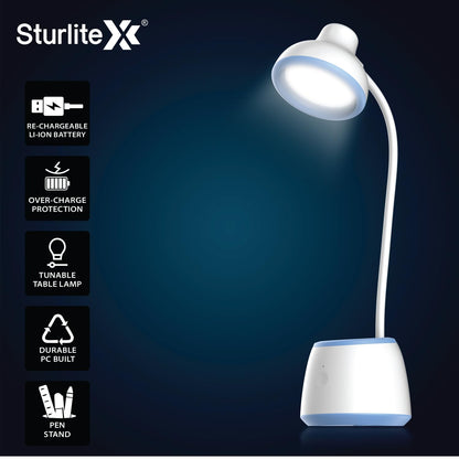 LED Table Lamp Dimmable 6W Rechargeable with Adjustable Neck and Pen Holder