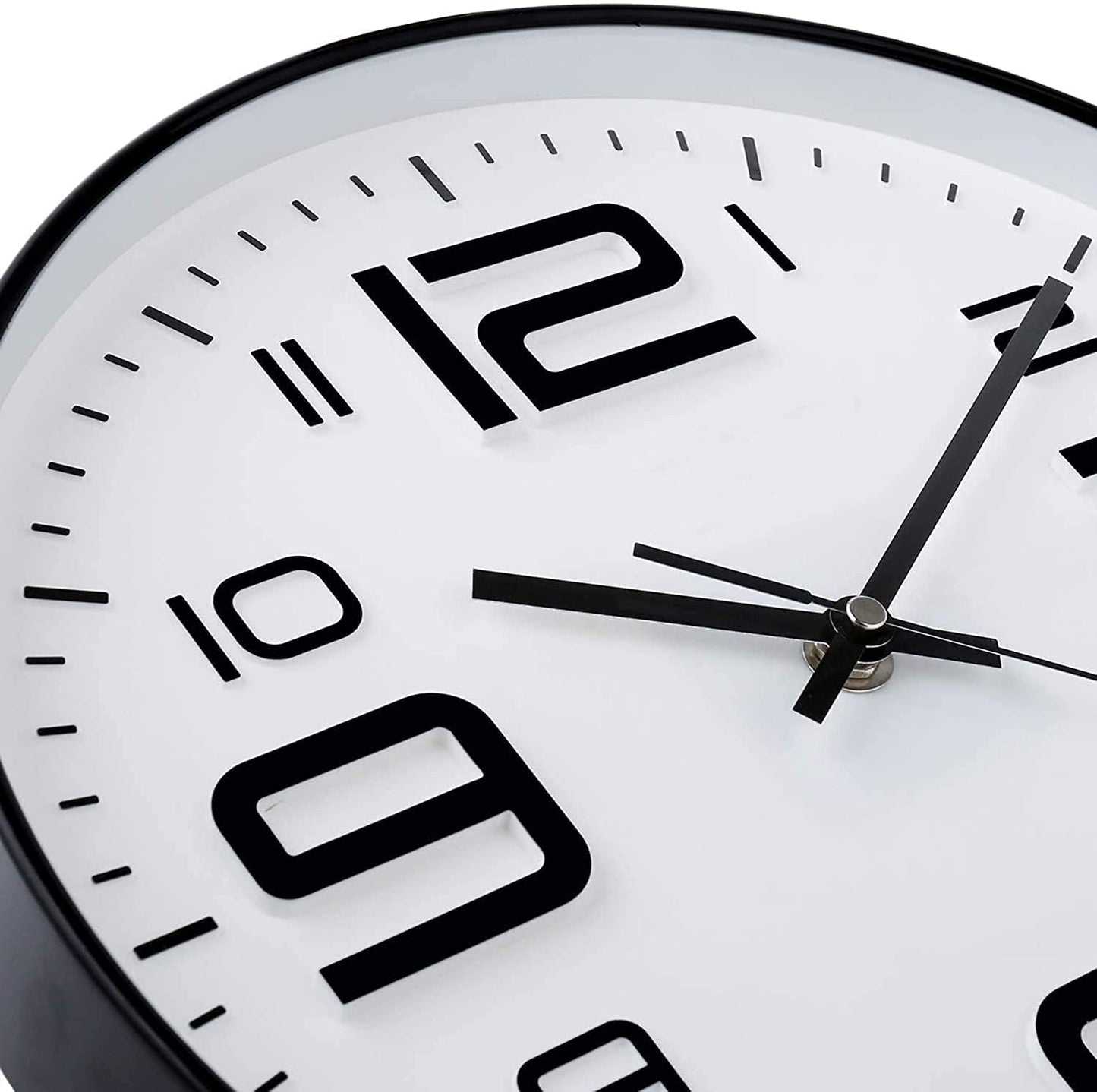 Silent Quartz Wall Clock 12 Inch Round White and Black Plastic