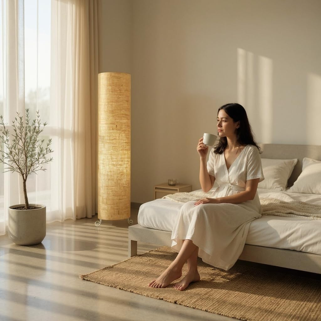 Dimmable Floor Lamp with Cotton Shade - Brown - Modern Design for Living Room, Bedroom, Office