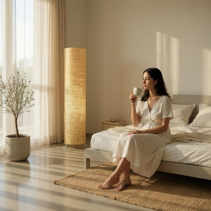 Dimmable Floor Lamp with Cotton Shade - Brown - Modern Design for Living Room, Bedroom, Office