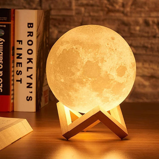 3D Moon Lamp with Wooden Stand - 15cm Touch Sensor LED Night Light - USB Rechargeable - 7 Color Changing