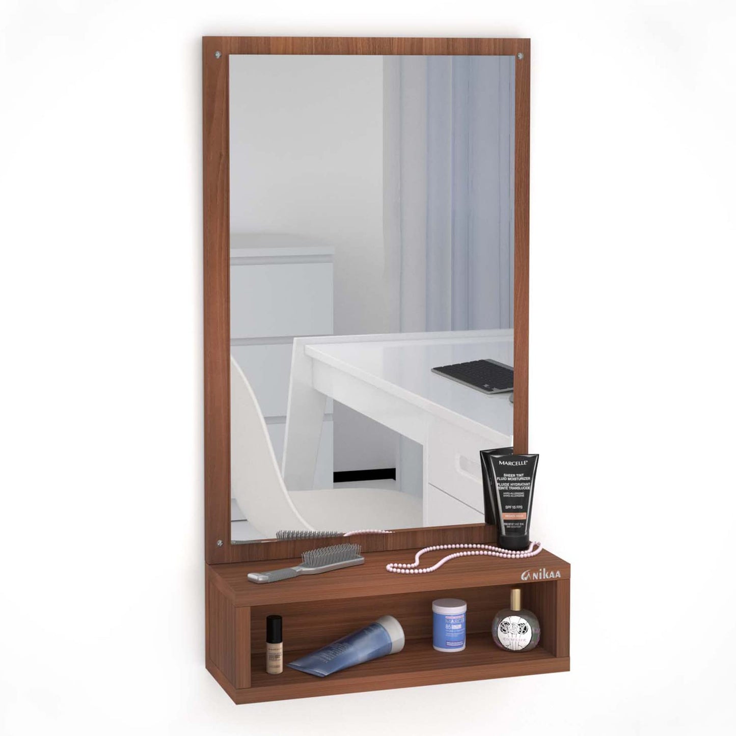 Contemporary Wall Mirror with Shelf - Walnut Finish - 81 cm x 35 cm - Engineered Wood - Rectangular Design