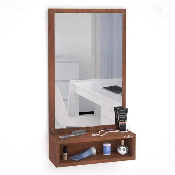 Contemporary Wall Mirror with Shelf - Walnut Finish - 81 cm x 35 cm - Engineered Wood - Rectangular Design