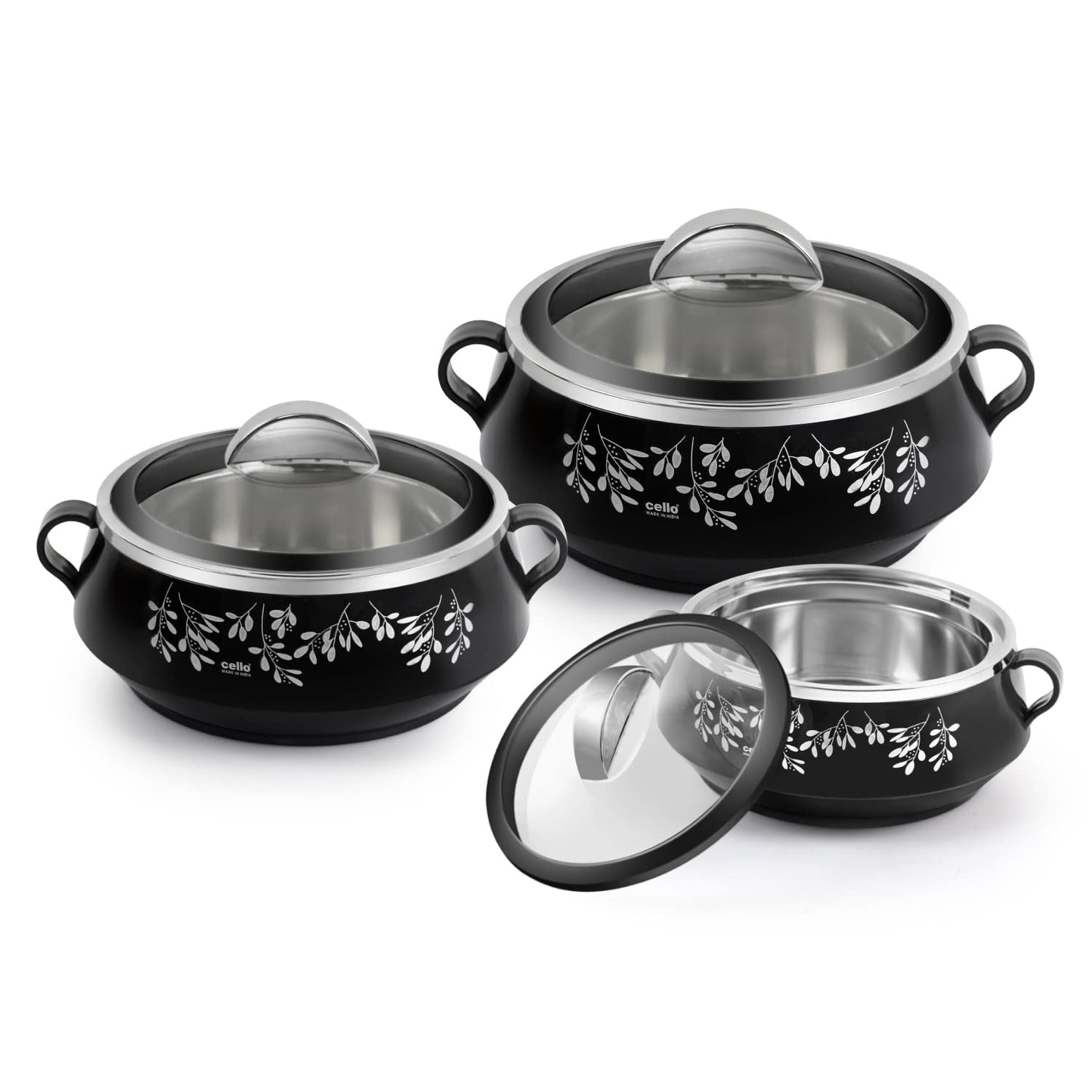 CELLO Glitter Casserole with Inner Steel 3 Unit, Black
