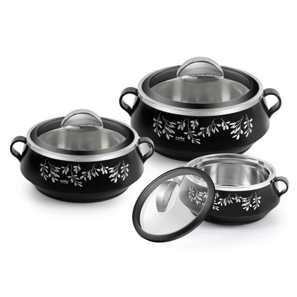 CELLO Glitter Casserole with Inner Steel 3 Unit, Black
