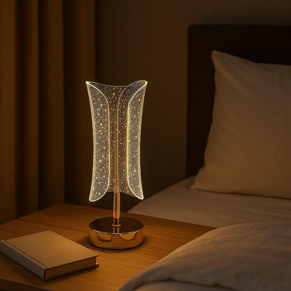 LED Table Lamp with Touch Control, Gold Finish, Crystal Detailing, USB Rechargeable