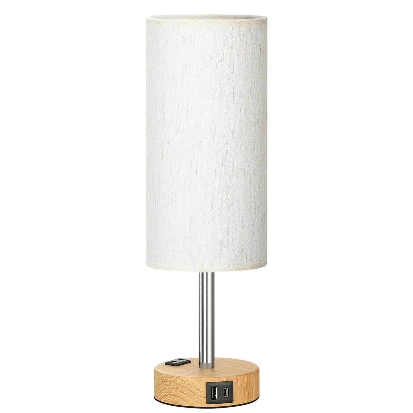 LED Table Lamp with Touch Control & USB Charging Ports - Flaxen Fabric Shade, Wood Base, 14.5 Inch