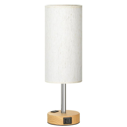 LED Table Lamp with Touch Control & USB Charging Ports - Flaxen Fabric Shade, Wood Base, 14.5 Inch