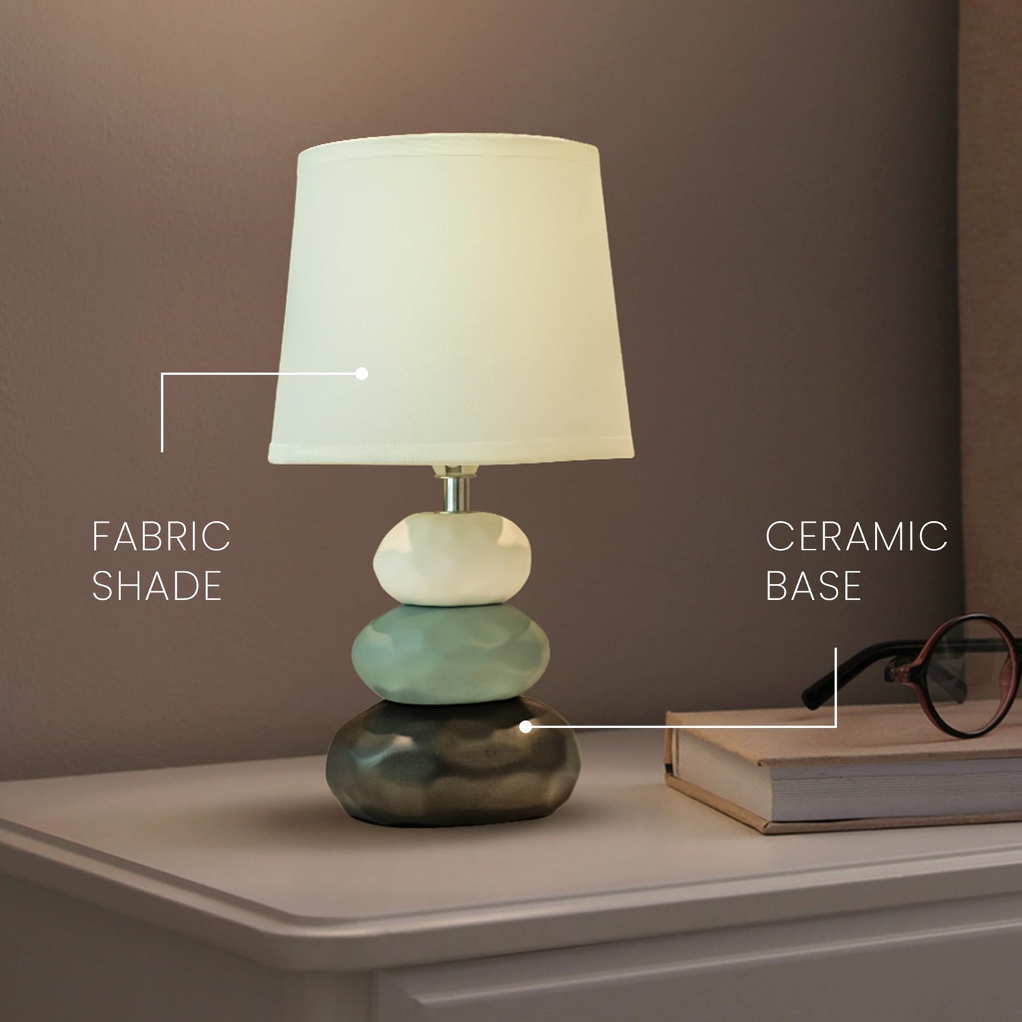 Modern Decorative Table Lamp with Ceramic Base and Fabric Shade - 17 cm x 16.5 cm x 30 cm - Warm White LED Bulb Included