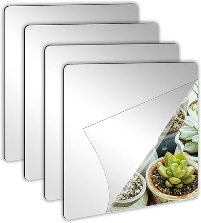 Frameless Acrylic Mirror Tiles - 2MM Thick, 8 x 8 Inch, Transparent, Self-Adhesive, Set of 4