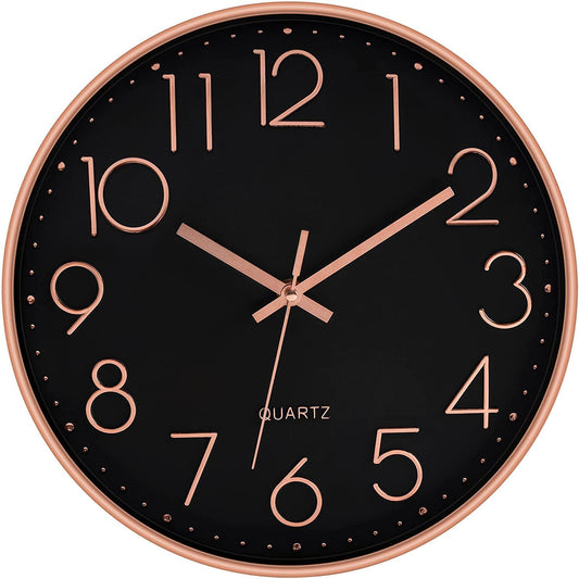 Plastic Digital Wall Clock 12" Silent Quartz Decorative Non-Ticking Classic Round Clock, Battery Operated, Easy to Read for Room, Home, Kitchen, Bedroom, Office, or School (Rose Black