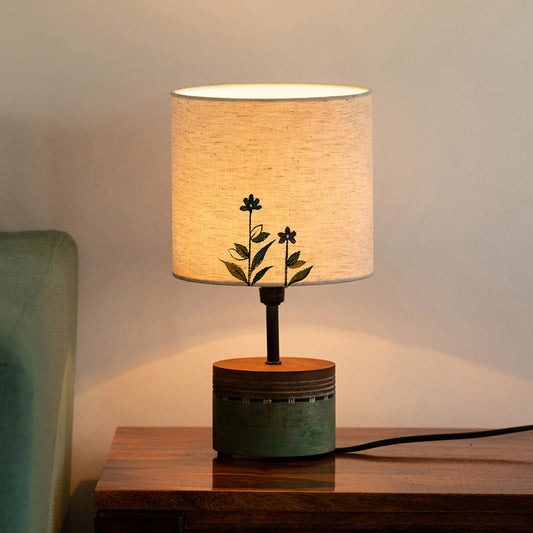 LED Table Lamp with Hand-Painted Floral Design, Mango Wood Base, Off-White Shade, 12 Inches