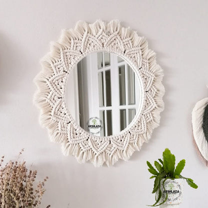 Macrame Round Wall Mirror with Cotton Fringe - 16x16 cm - Off-White Decorative Mirror