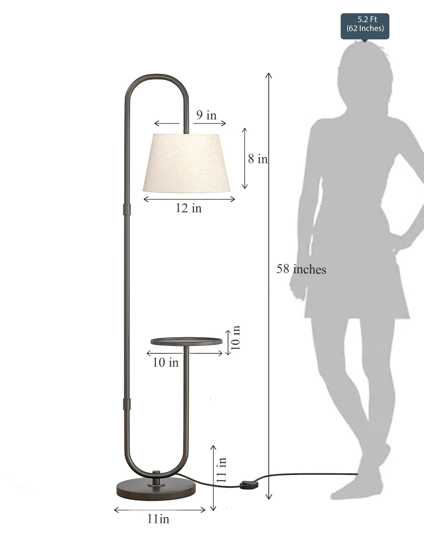Modern Floor Lamp with Shelf Black Polished 5ft Height 10 Inch Diameter LED Bulb Included