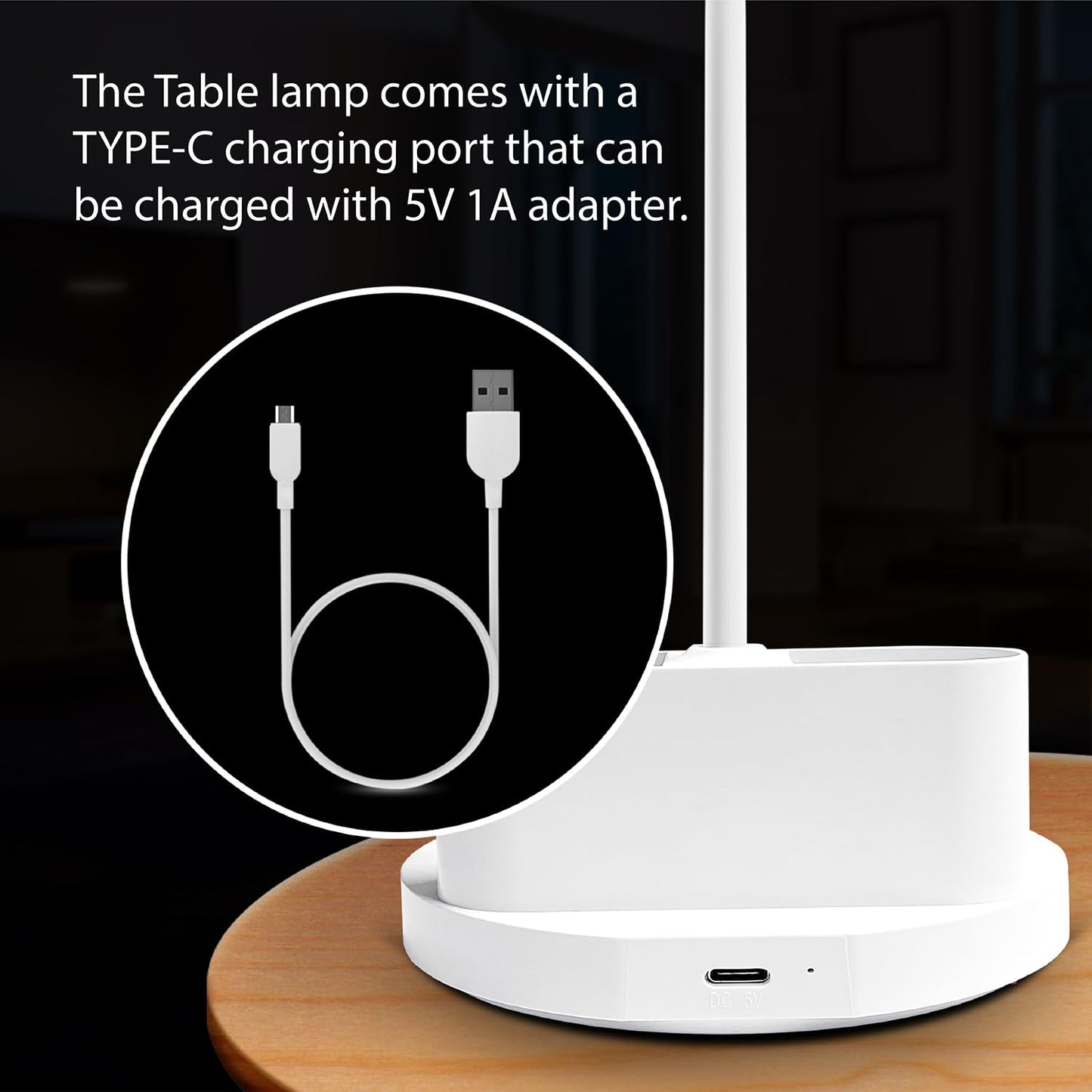 LED Table Lamp with Adjustable Light Head and USB-C Charging - 5W, Flexible Design, Modern Style