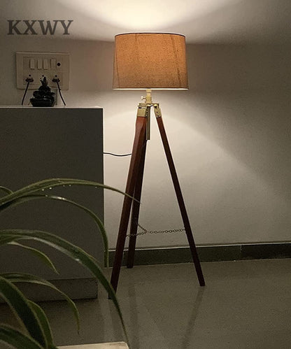 Modern Decorative Floor Lamp with Wooden Tripod Stand and Jute Shade - LED, Brown