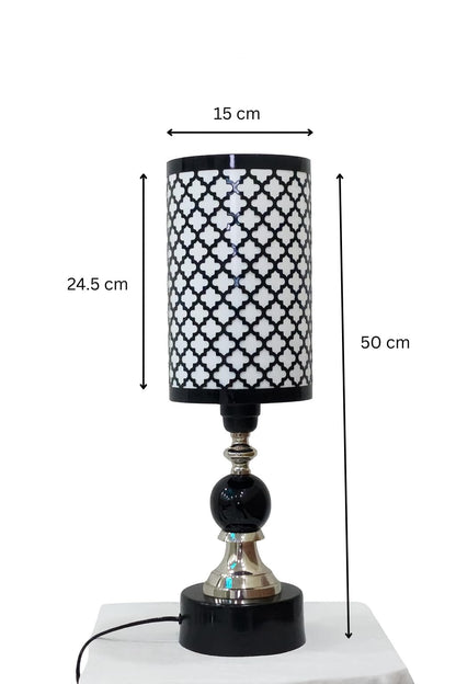 Table Lamp with Geometric Quatrefoil Pattern Shade, Black and White, Metal Base, 30cm Height