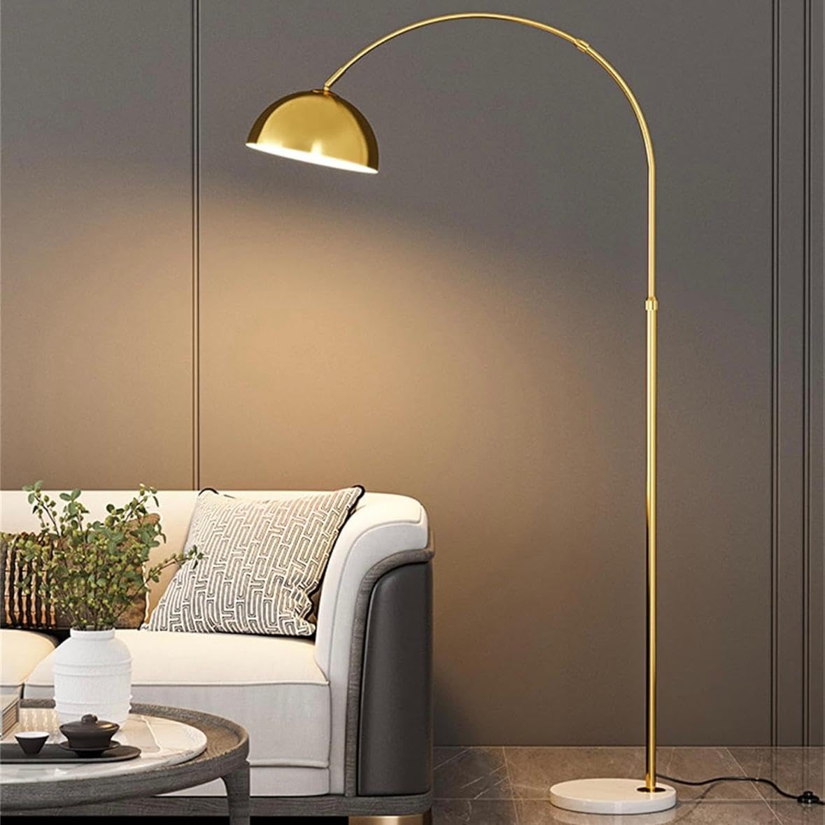 Arc Floor Lamp with Dome Shade, Tri Colour LED, Gold Metal, Adjustable Design