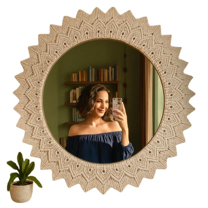 Macrame Wall Mirror Handmade Off-White 17x17 Inches with 10 Inch Glass Mirror