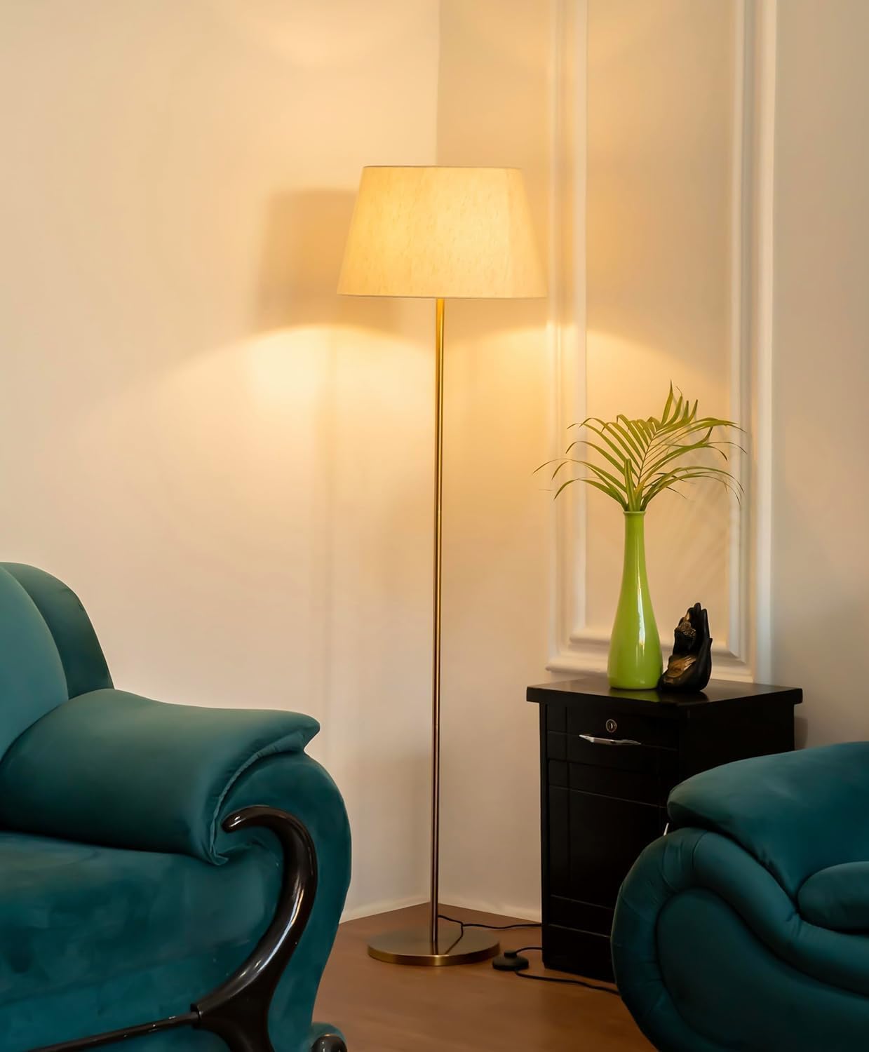 Floor Lamp LED Antique Brass Finish 5Ft Height with 12 Inch Off White Lampshade