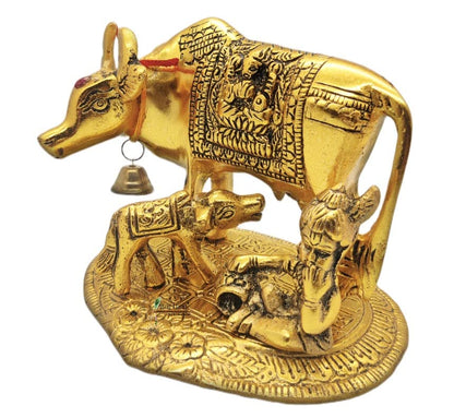BRIJ HAAT Kamdhenu Cow and Calf Metal Showpiece for Home Decoration and Decorative Gift Item @17cm Gold