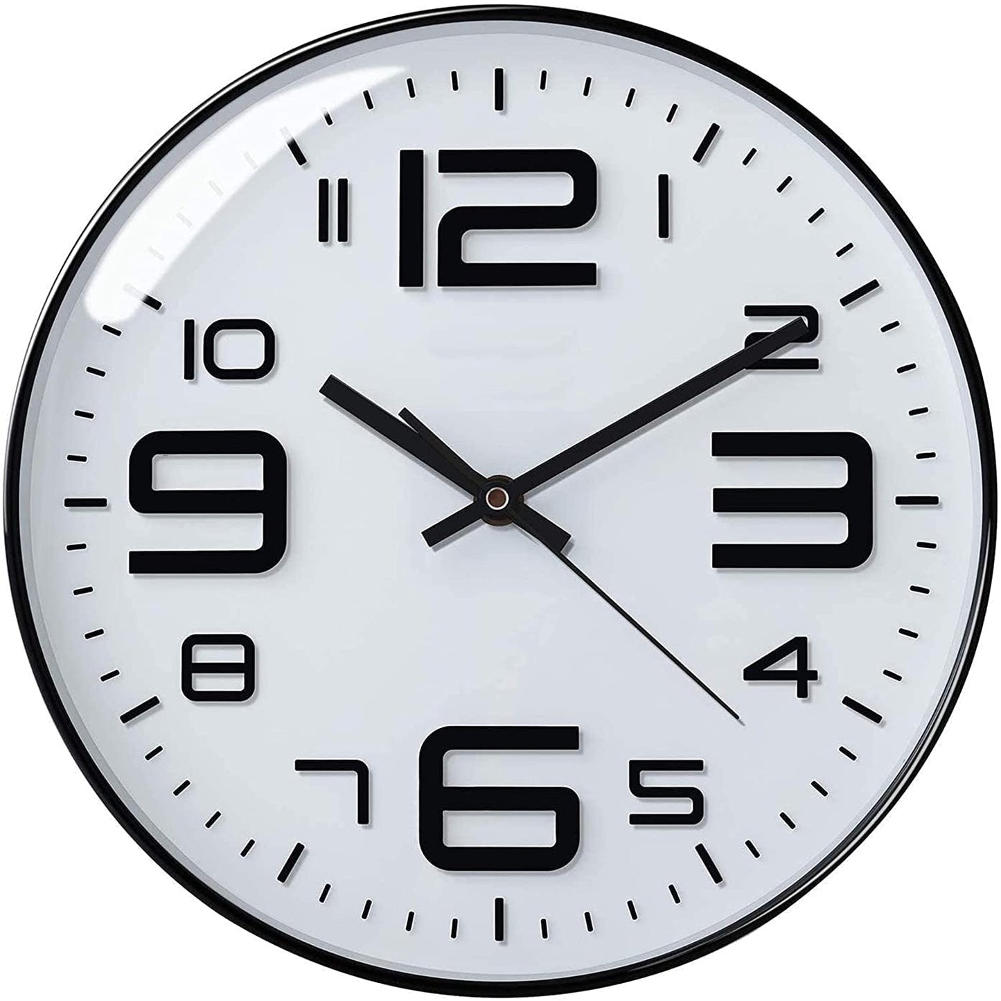 Silent Quartz Wall Clock 12 Inch Round White and Black Plastic