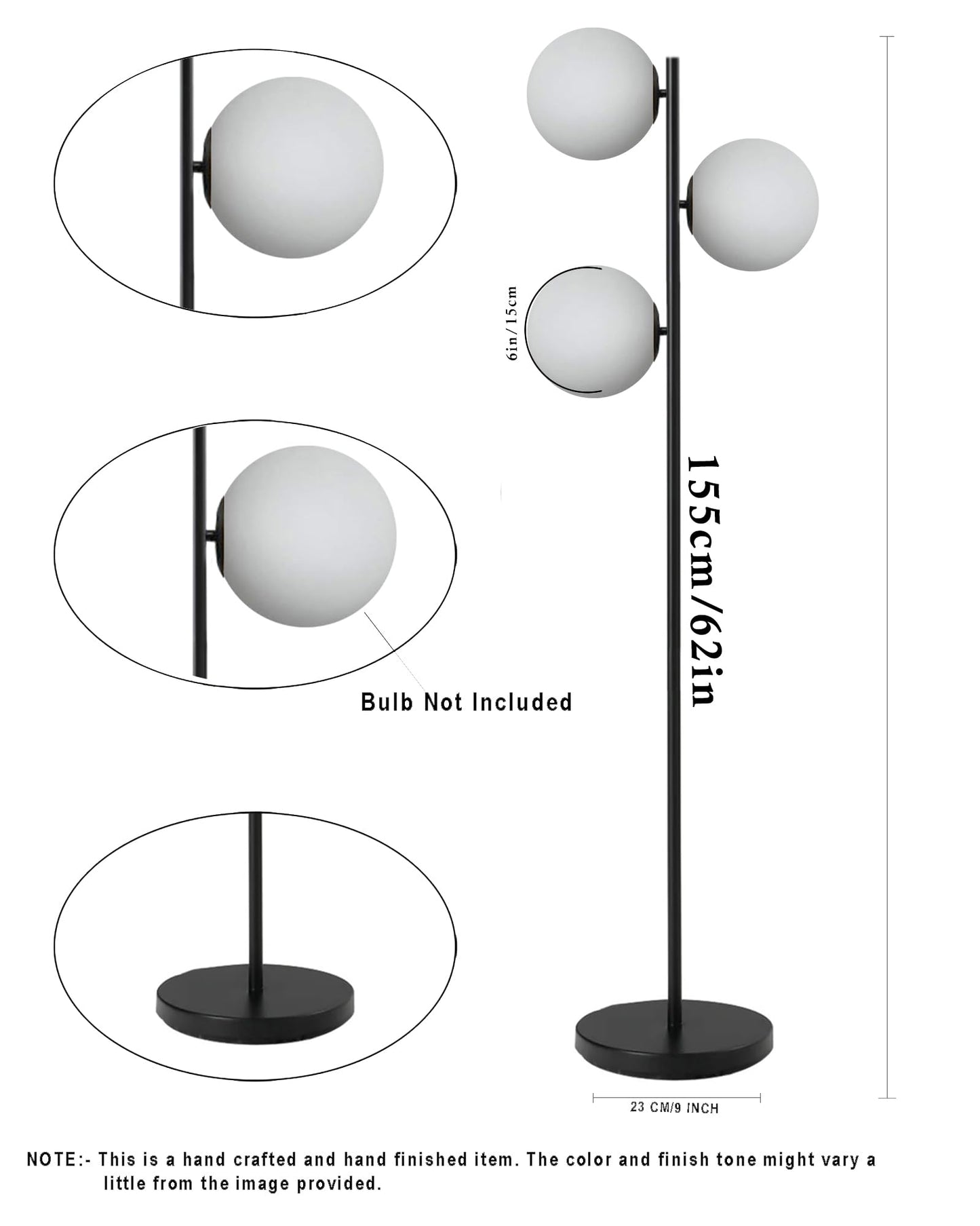 LED Floor Lamp with 3 Frosted Glass Globe Shades, Black Metal Finish, Modern Design