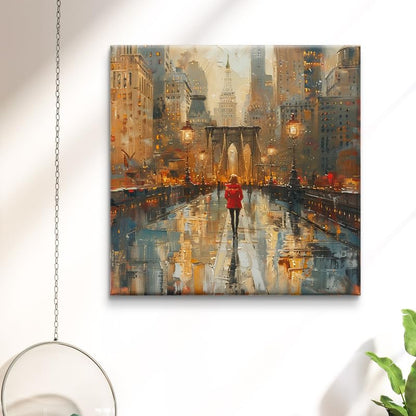Canvas Painting - Woman in Red on Rainy Bridge - Modern Cityscape - Wooden Framed - Square Panel