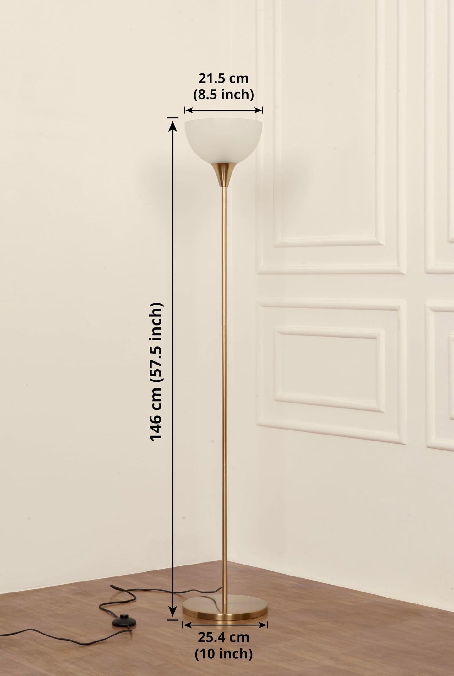Uplighter Floor Lamp with Frosted Glass Shade and Hidden Wiring - Antique Brass Finish - Modern Design for Living Room