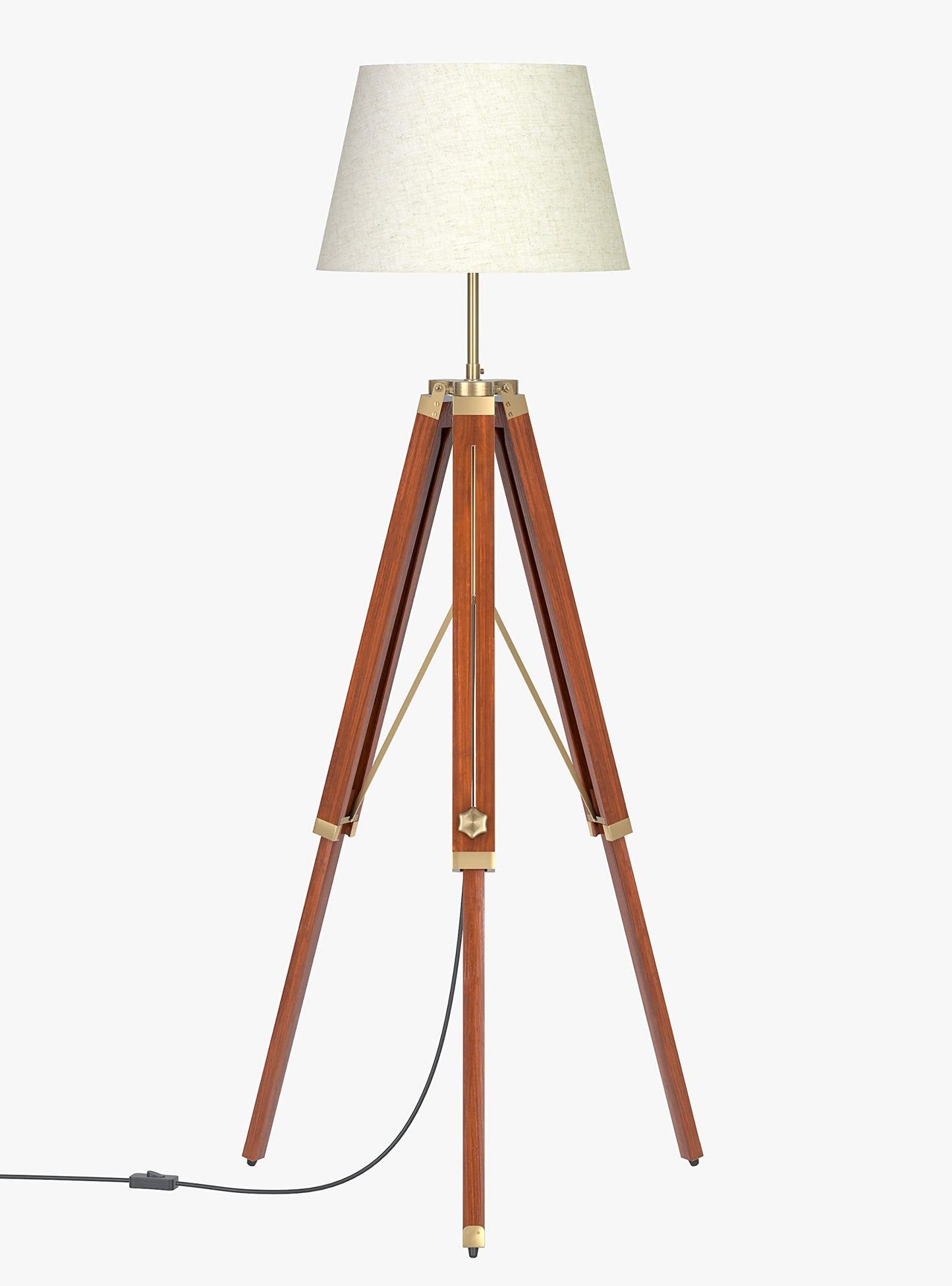 LED Floor Lamp Adjustable Height Wooden Tripod Design Brown Polished Brass 5Ft