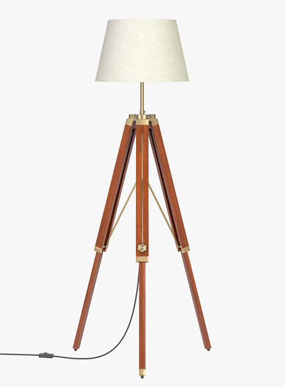 LED Floor Lamp Adjustable Height Wooden Tripod Design Brown Polished Brass 5Ft