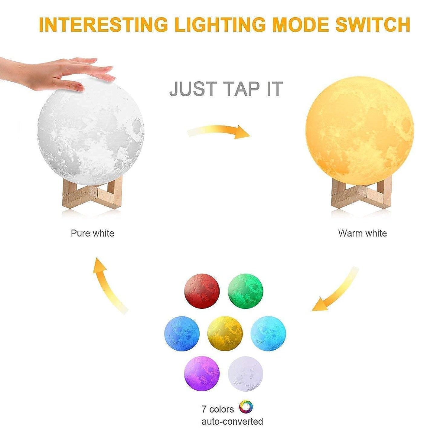 3D Moon Lamp with Wooden Stand - 15cm Touch Sensor LED Night Light - USB Rechargeable - 7 Color Changing