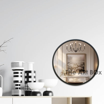 Round Wall Mirror with Metal Frame in Black - Modern Design - 14 inch
