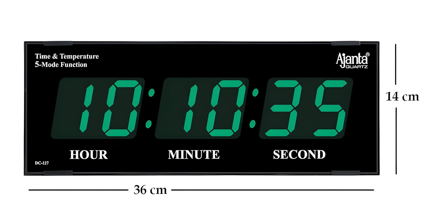Digital Wall Clock with Green LED Display, 41.9 x 20.3 x 10.2 cm, Plastic, Battery Backup