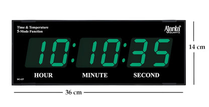 Digital Wall Clock with Green LED Display, 41.9 x 20.3 x 10.2 cm, Plastic, Battery Backup