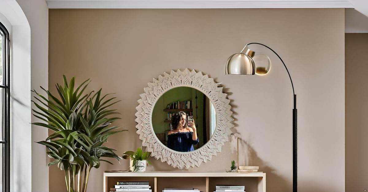 Macrame Wall Mirror Handmade Off-White 17x17 Inches with 10 Inch Glass Mirror