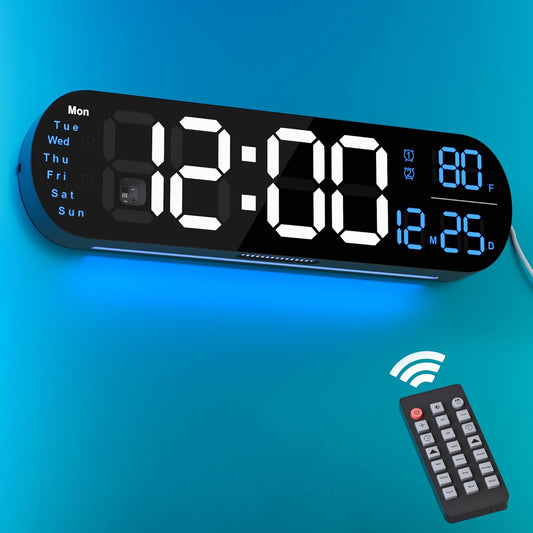 Digital Wall Clock Large Display, 13.7-Inch with RGB Color-Changing Remote Control, Date, Week, Temperature, DST, Auto Brightness Dimmer, Big Clock with Night Lights, Plastic, Blue