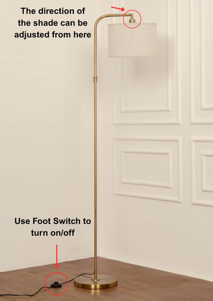 Modern Arc Floor Lamp with Adjustable Shade Brass Antique 6Ft Height 12 Inch Off White Drum Lampshade