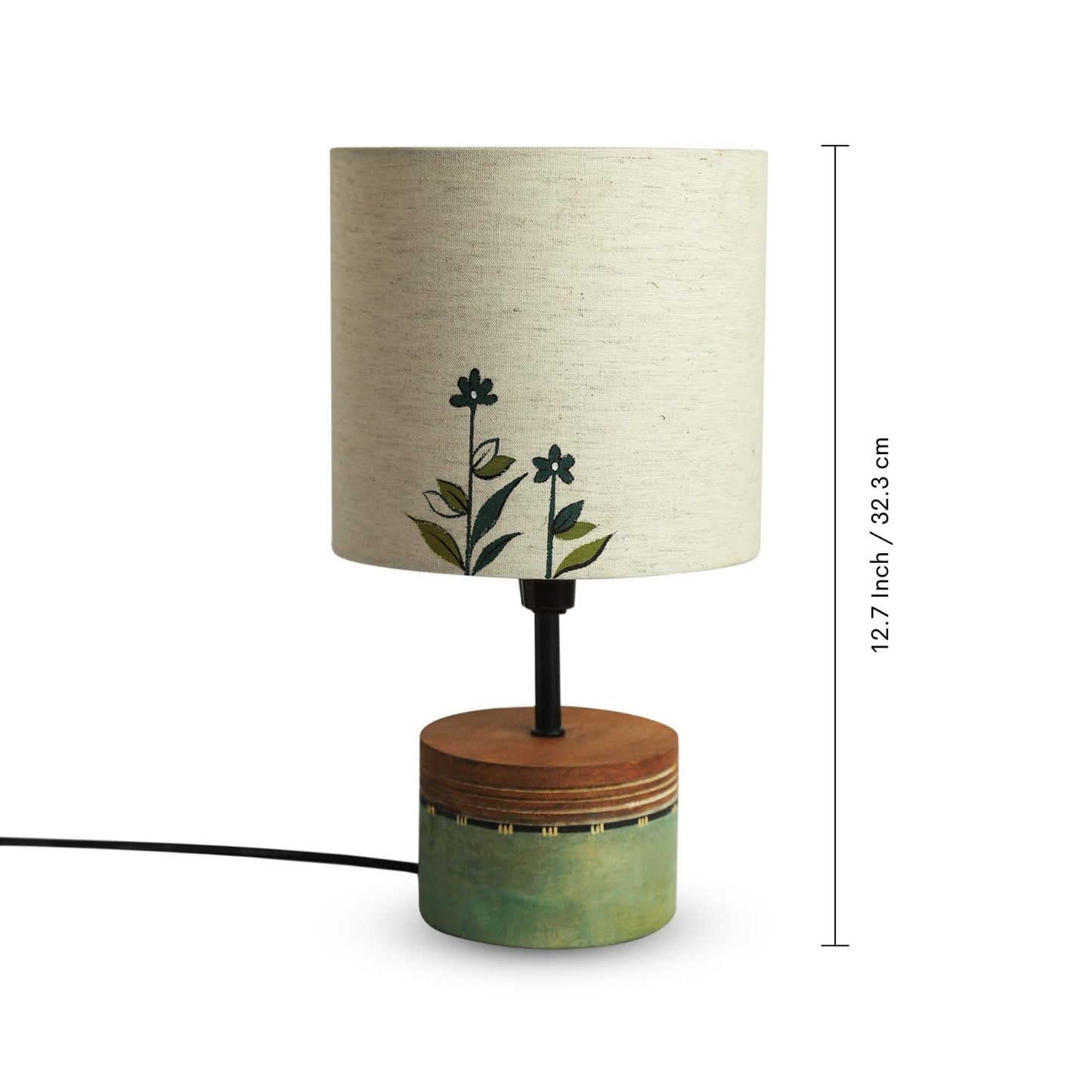 LED Table Lamp with Hand-Painted Floral Design, Mango Wood Base, Off-White Shade, 12 Inches