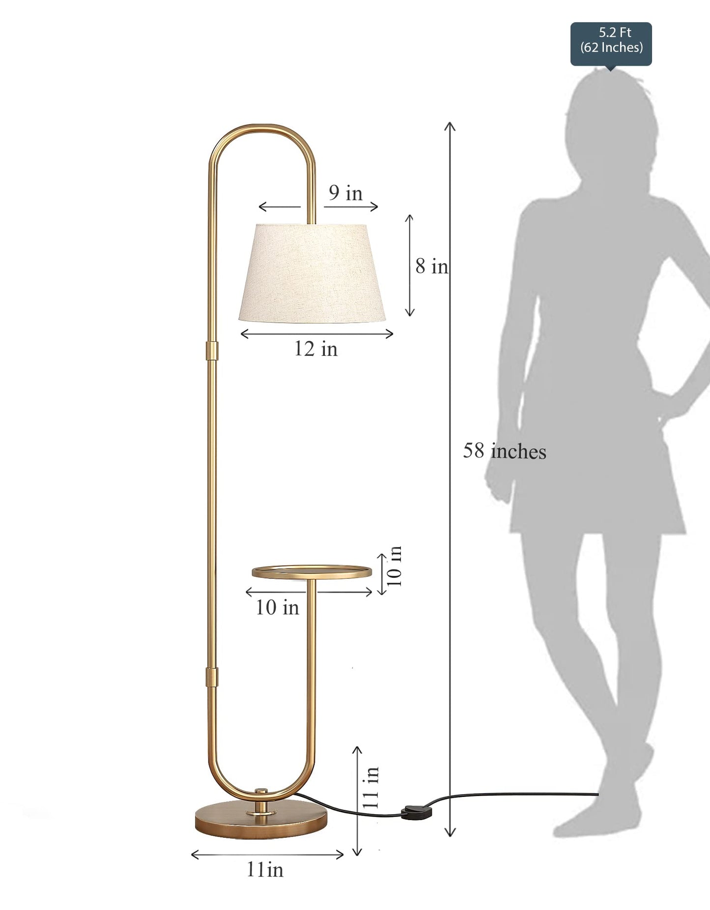 Floor Lamp with Shelf LED Lighting Brass Antique Finish 5ft Height 10 Inch Diameter Off White Shade