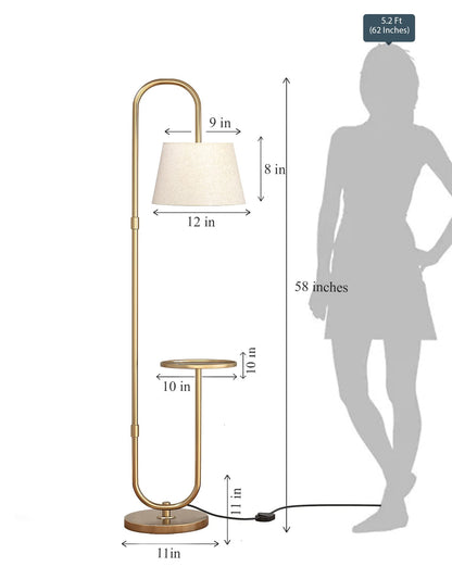 Floor Lamp with Shelf LED Lighting Brass Antique Finish 5ft Height 10 Inch Diameter Off White Shade