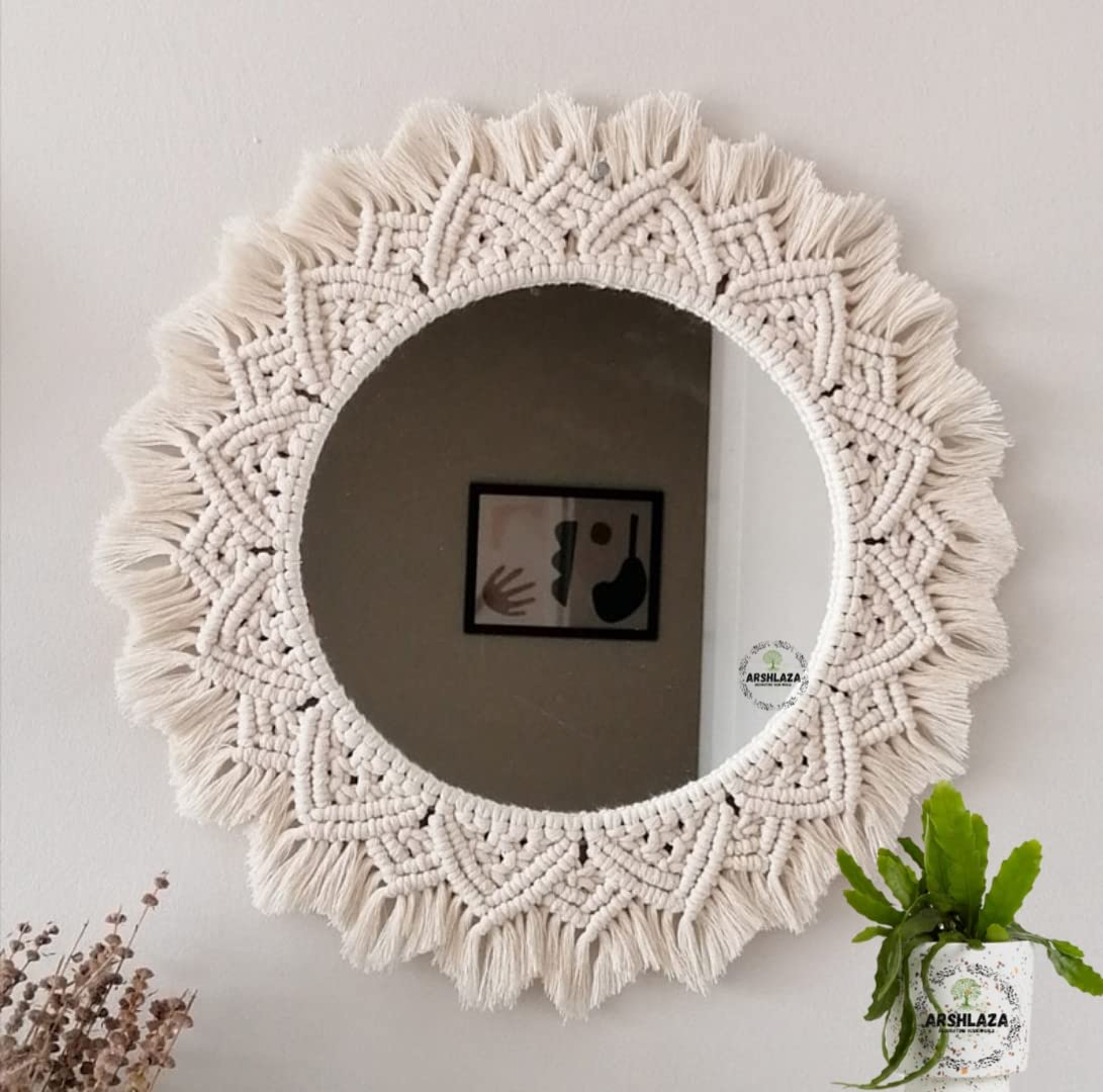 Macrame Round Wall Mirror with Cotton Fringe - 16x16 cm - Off-White Decorative Mirror
