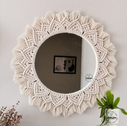 Macrame Round Wall Mirror with Cotton Fringe - 16x16 cm - Off-White Decorative Mirror
