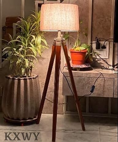 Modern Decorative Floor Lamp with Wooden Tripod Stand and Jute Shade - LED, Brown
