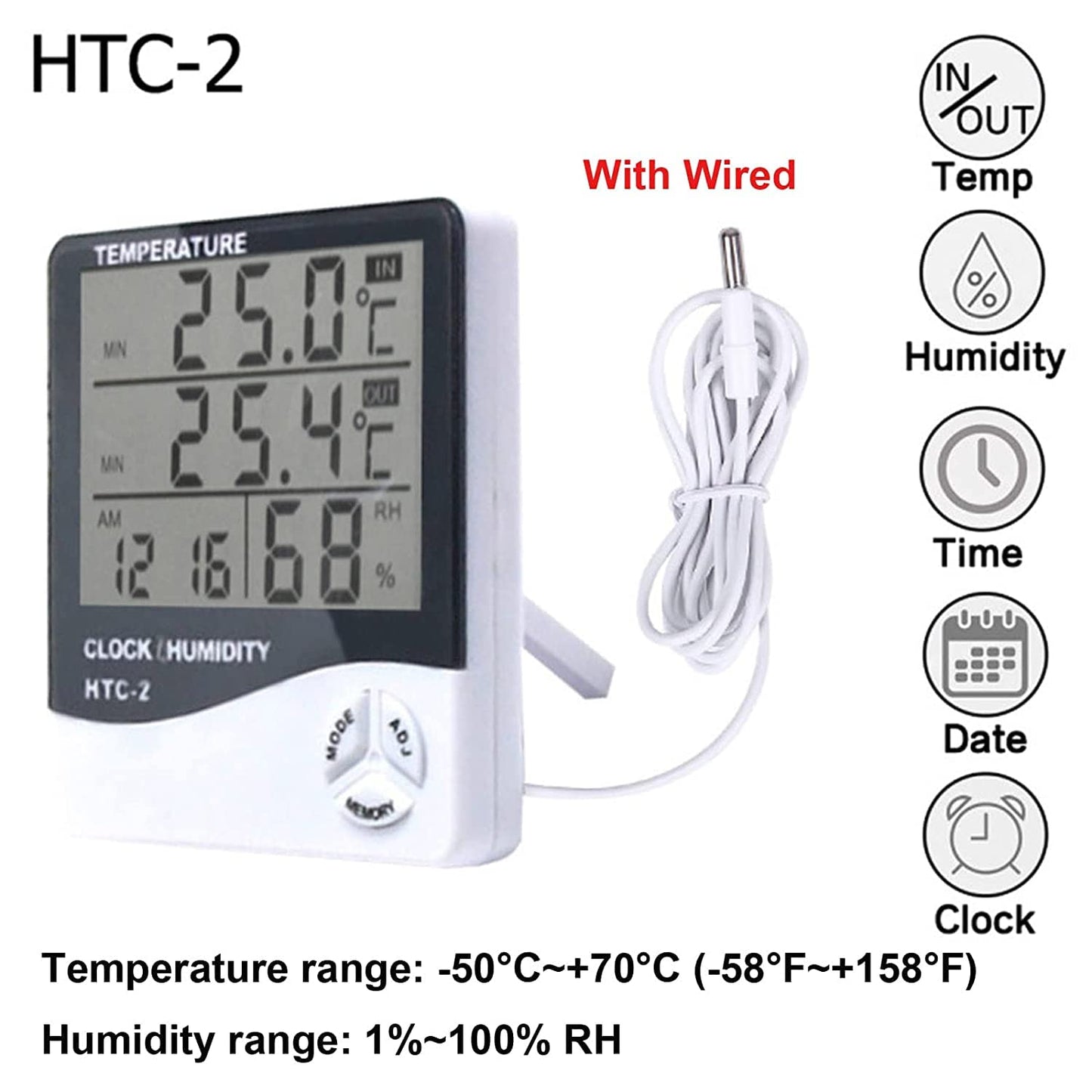 Digital Thermo-Hygrometer with Memory Function - Plastic, Indoor/Outdoor, Accurate Temperature & Humidity Meter