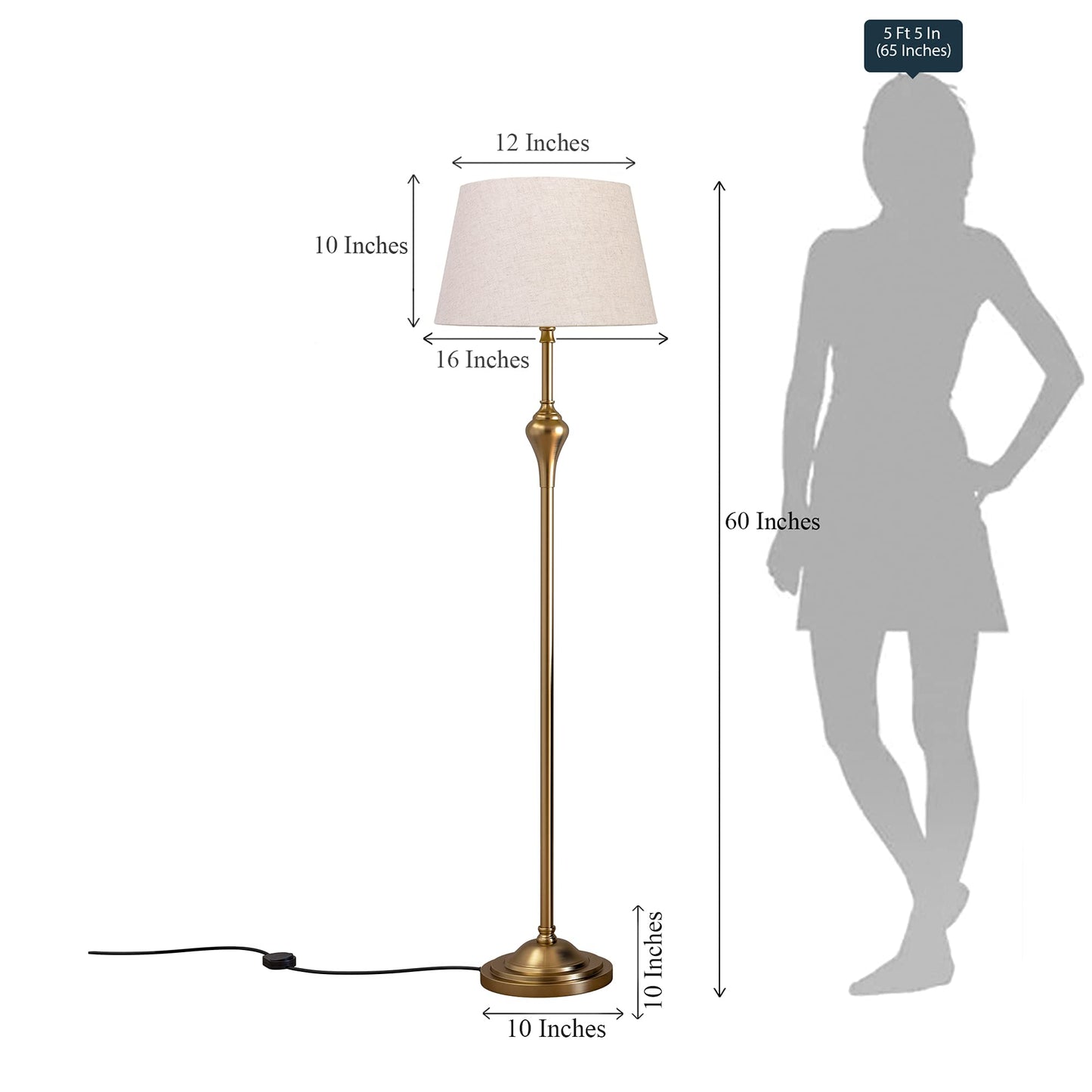Floor Lamp Antique Gold Finish Metal 5ft Height Off White Beige Lampshade 16 inches