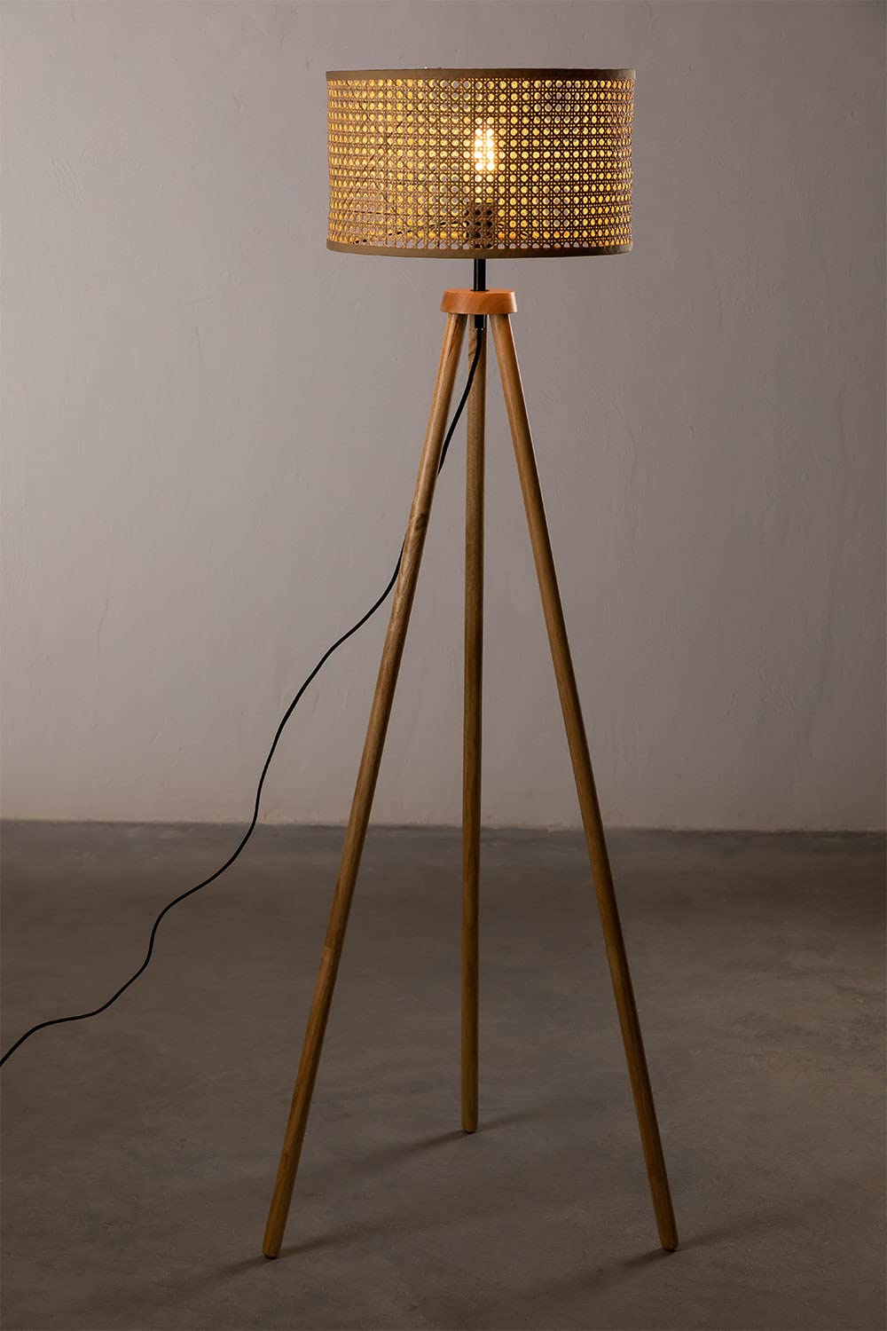 Floor Lamp with Rattan Shade and Tripod Legs - Wooden Eco-Friendly Design - 14" x 8"