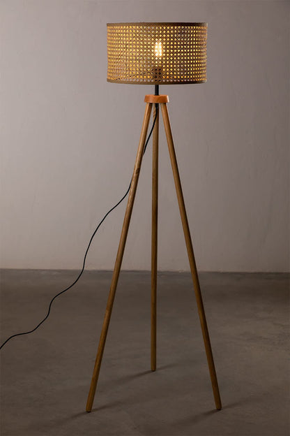 Floor Lamp with Rattan Shade and Tripod Legs - Wooden Eco-Friendly Design - 14" x 8"